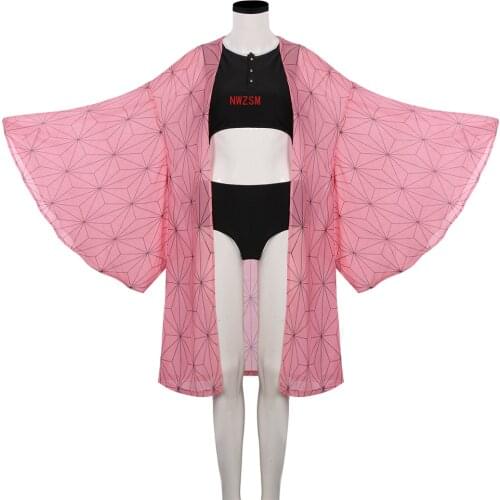 Demon Slayer Kamado Nezuko Swimming Suit with Chiffon Haori Black Kisatsutai Kimetsu no Yaiba Nezuko Swimsuit Cosplay Outfits