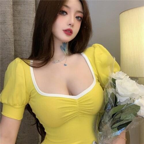 Summer Square Collar Short Sleeve Dress Low Cut Package Split Elegant Women Party Club Dresses Slim Fit High Street Vestidos