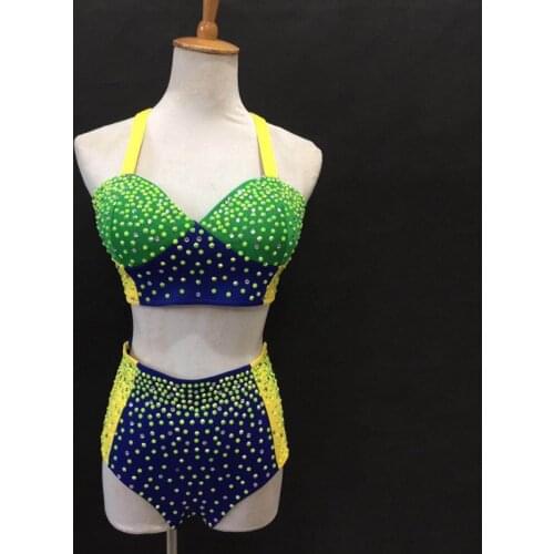 Nightclub Bar Gogo Dancer Singer Show Stage Costume Ladies Pole Dance Wear Colorful Rhinestone Bra Pant Suit Rave Outfit VDB2459