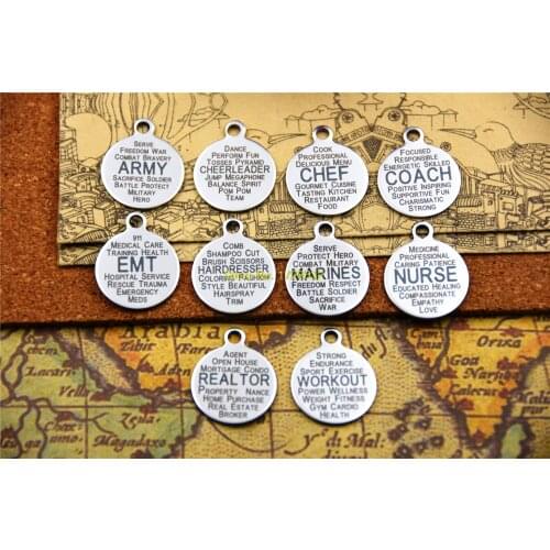 10pcs--Occupation stainless steel charms "ARMY/CHEERLEADER/CHEF//EMT/HAIRDRESSER/MARINES/NURSE/REALTOR/WORKOUT" diy pendant