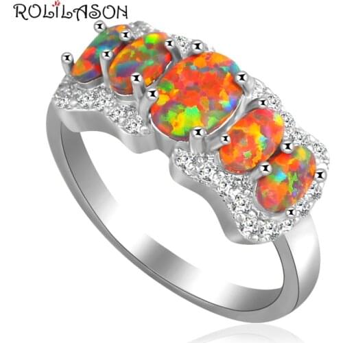 ROLILASON Super supplier Wholesale retail summer vibe Orange fire Opal silver colorRingsjewelry USA SZ #6#7#8#8.5 OR623
