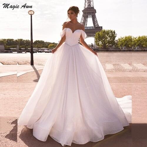 Magic Awn Shiny Off The Shoulder Wedding Dresses Princess Beaded A-Line Glitter Bridal Gowns Lace Up Back Vestidos De Novia