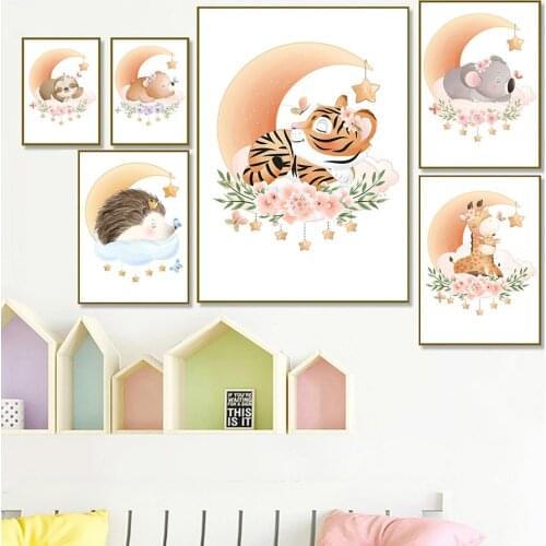 Tiger Koala Giraffe Bear Moon Star Flower Wall Art Canvas Painting Nordic Posters And Prints Wall Pictures Baby Kids Room Decor
