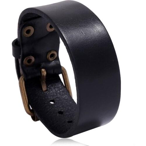 Vintage Black Genuine Leather Bracelet 2.5cm Wide Watch Strap Simple Fashion Cuff Bangle Jewelry Punk Men Bracelets