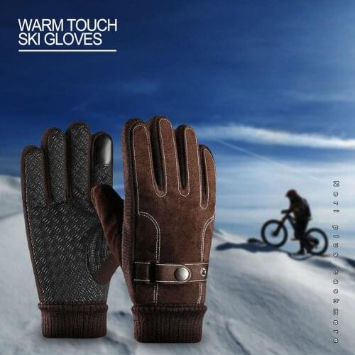 Windproof Snow Warm Mittens Winter Leather Thermal Cycling Gloves Touch Screen Genuine Leather Skiing Snowmobile Bike Gloves