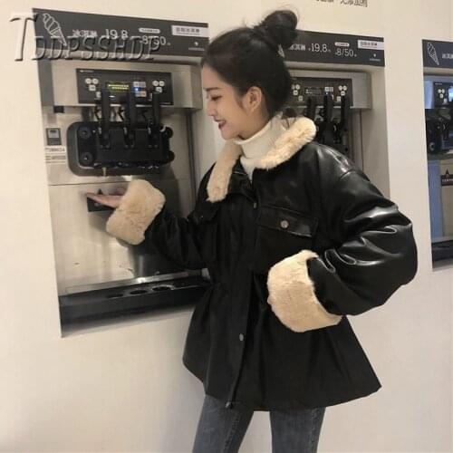 2019 Lapel Locomotive Style Pu Leather Women Coat Lining With Fluff Female Jacket