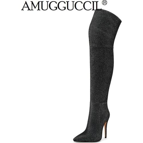 2020 New Plus Big Size 35-44 Black Silver Gray Fashion Sexy Over The Knee Thigh High Heel Autumn Winter Ladies Women Boot X1840