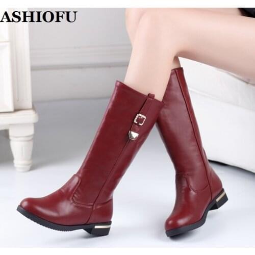 ASHIOFU Handmade Womens Flat-heel Boots Faux-leather Party Mid-calf Booties Sexy Evening Night Club Fashion Winter Martin Boots