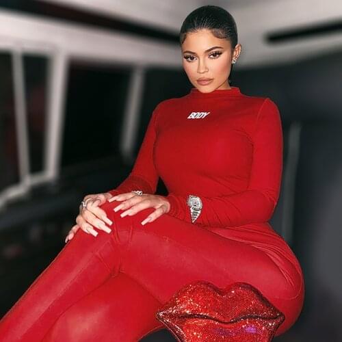 [SHESRIM] Kylie Jenner Red Long Sleeve Round Neck Top Fashion Designer Ladies Two-Piece High Fork One-piece Bodysuit Tight Pants