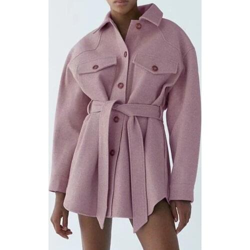 New Women Fashion Coat with Belt Loose Woolen Solid Jackets Vintage Long Sleeve Side Pockets Female Outerwear Chic Overcoat 2021