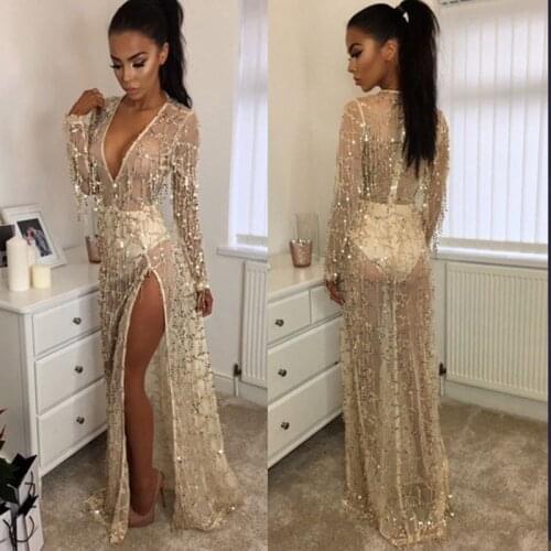 Sexy Deep V Neck Gold Sequin Evening Party Long Dress Female Ladies Long Sleeve See-through Gowns Formal Dress Vestido De Robe