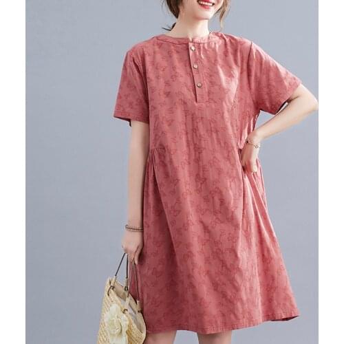 2021 New Arrival Short Sleeve Loose Summer Dress Stand Collar Cotton Linen Jacquard Vintage Dress Women Travel Casual Dress