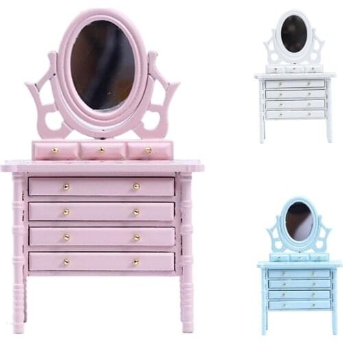 1:12 Dollhouse Miniature Wooden Makeup Dressing Table With Mirror Drawer Bedroom Furniture Pretend Furniture