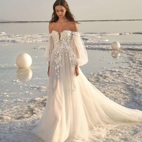 2021 Latest Arrival Boho Beach Chiffon Bridal Wedding Dresses with Off Shoulder Long Sleeves Wedding Gowns for Bride Sweetheart