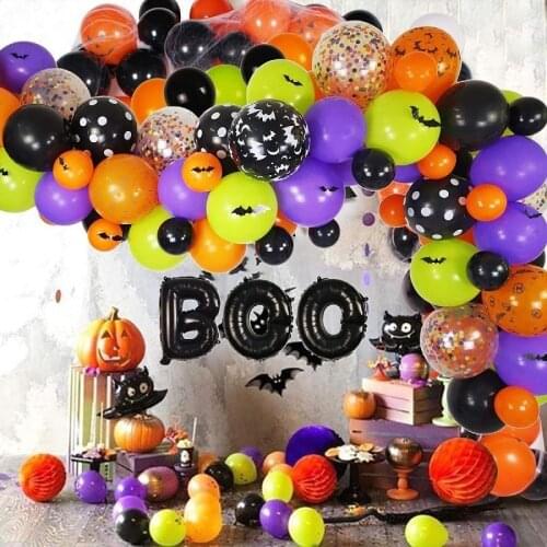 Halloween Balloon Garland Arch Set 3D Bat Theme Pull Flag Black and White Orange Balloon Set Halloween Theme Party Decoration