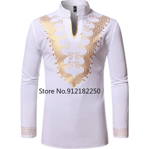 White African Dashiki Print Shirt Men Hipster Hip Hop Streetwear African Clothes Men Long Sleeve African Dress Shirt Male Camisa