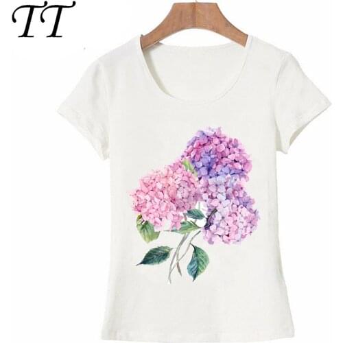 Watercolor branch of blooming hydrangeas T-Shirt Summer Pink Flowers Art Women T-Shirt Maiden Casual Tees Fashion Woman Tops