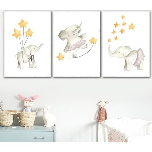 Kawaii Elephant Stars Baby Girl Nursery Animal Wall Art Canvas Painting Nordic Posters And Prints Wall Pictures Kids Room Decor