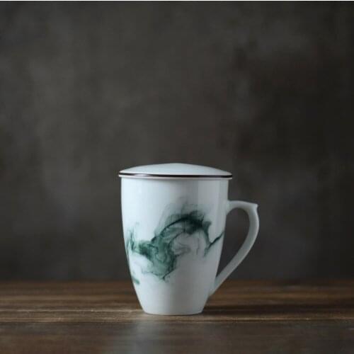 Natural Pattern White Ink Wind Ceramic Tea Cup With Lid Tea Strainer Modern Simple Porcelain Mug Gift Kitchen Accessories 2021