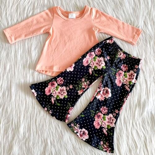 New arrival beautiful flowers print girl outfit sweet girls solid top and bell pants set girl fashion fall outfit