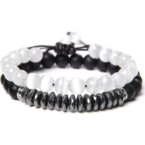 2 Chains Bracelet Set White Cat Eye Stone Beads Bracelet Men Wrist Stretch Jewelry Handmade Hematite Black Agat Pulsera Wome