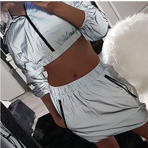 Ranberone 2 Pieces Sets Outfits Women Sexy Casual Zipper Skirt Suit Long Sleeve Crop Tops Jacket Neon Skirt Suit Short Hoodies