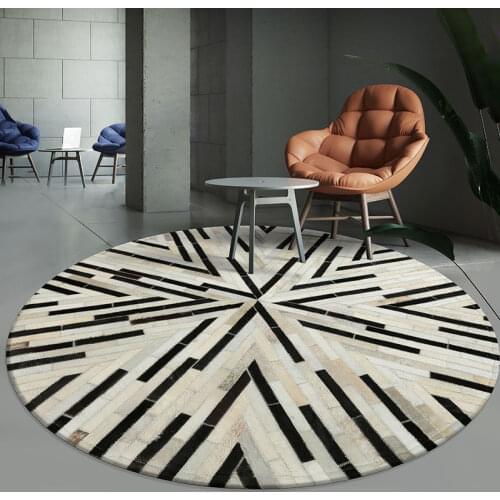 Luxury cowhide seamed striped rug , round shaped real cow skin patchwork carpet for living room bedroom decoration rug