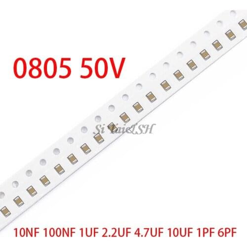 100pcs 0805 50V SMD Thick Film Chip Multilayer Ceramic Capacitor 1pF-47uF 10NF 100NF 1UF 2.2UF 4.7UF 10UF 1PF 6PF