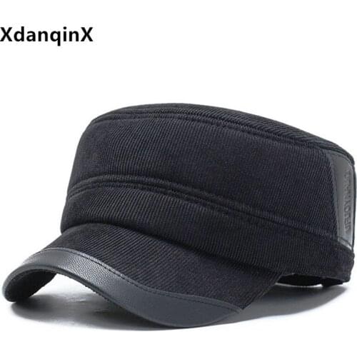 XdanqinX New Winter Mens Flat Cap Thermal Army Military Hats Thick Warm Cotton Earmuffs Hats For Men Adjustable Size Sports Cap