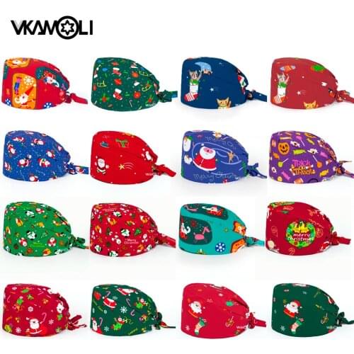2020 new Christmas scrubs caps Santa Claus Print cap Pet Grooming Agency Work Scrubs Beauty Work Hats Lab nursing cap