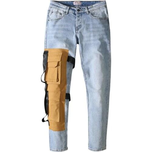 New mens male trousers dismantling pockets distressed small feet trendy slim stretch tactical uniform jeans for men denim pants
