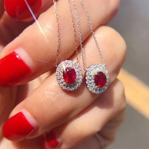 AEAW 18K White Gold 0.3 Natural Ruby with 0.166ct Natural Diamond Engagement Pendant Necklace Accessories Women Romantic Gift