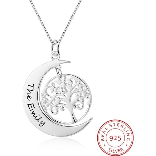 Personalized 925 Sterling Silver Necklace Vintage Style Jewelry Half Moon with Tree Pendant Custom Name Wedding Gift for Women