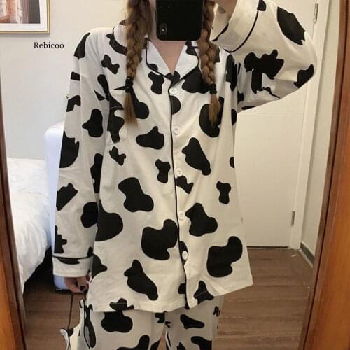 Autumn Women Pajamas Set Japanese Cute Dairy Cow Print Long Sleeve Sleepwear Winter Turn-down Collar Casual Nightwear