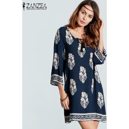 ZANZEA Women Sexy Mini Print Dress 2021 Elegant Retro 3/4 Sleeve Lace Up Long Tops Casual Loose Beach Dresses Vestidos Plus Size