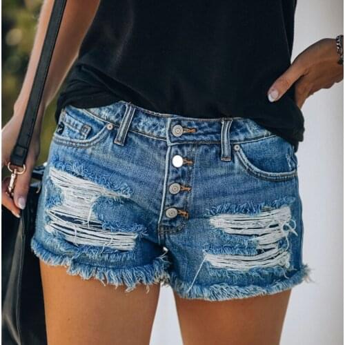 Summer Vintage Single-breasted Ripped Hole Mom Jeans Denim Shorts High Waist Hot Pants for Women Sexy Jeans Cotton Biker Shorts