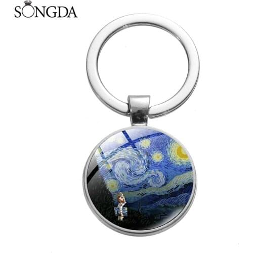 SONGDA Cartoon Artist Van Gogh Cute Keychain Trendy Sunflower Starry Night Painting Art Photo Glass Cabochon Keychain For Women
