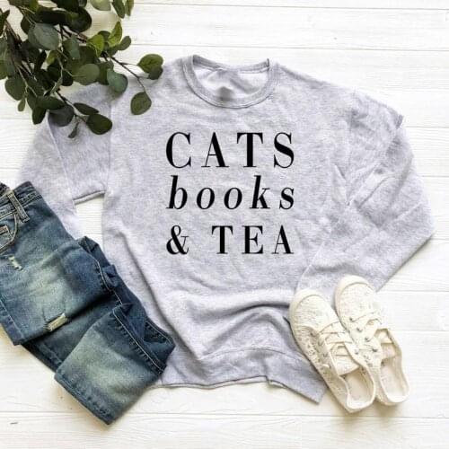 Skuggnas Cats books & tea sweatshirt cat lover gifts sweatshirt women graphic Jumper funny women pullover crewneck outfits