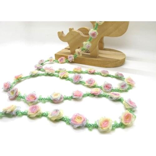 Special Edition|Compact Pink Ombre Rose Buds on Green Woven Rococo Ribbon Trim|Decorative Floral Ribbon|Scrapbook