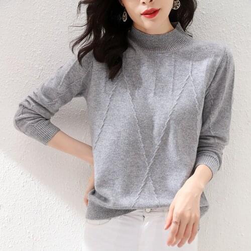 Fall/Winter New Ladies Pullover Casual Pure Color 100% Wool Sweater Plus Size Half Turtleneck Cashmere Knit Sweater Womens tops