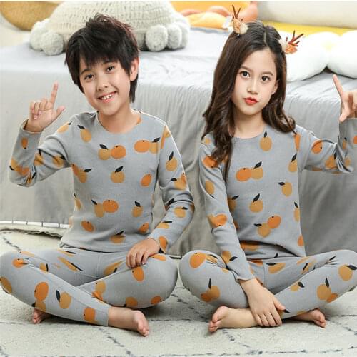 Thermal Underwear 2pcs for Kids Pajamas Baby Girls Boys Orange Printed Sleepwear Autumn Winter 2021 Children Casual Home Clothes