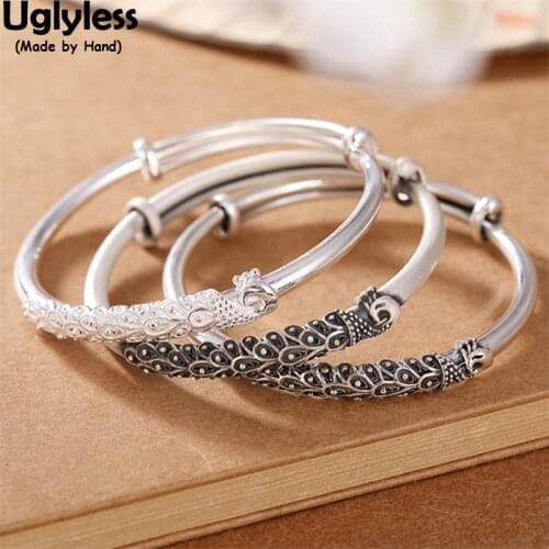 Uglyless Genuine 999 Pure Silver Peacock Bangles for Women Adjustable Push-pull Ethnic Thick Bangles Animals Phoenix Jewelry
