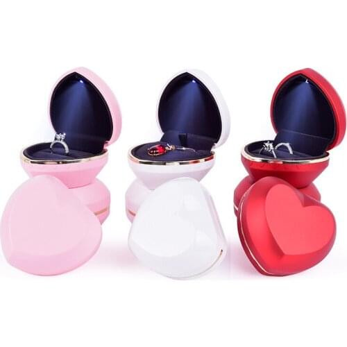 Unique Luxury Heart Shape LED Light Double Ring Box Custom Logo Pendant Jewelry Packaging Case