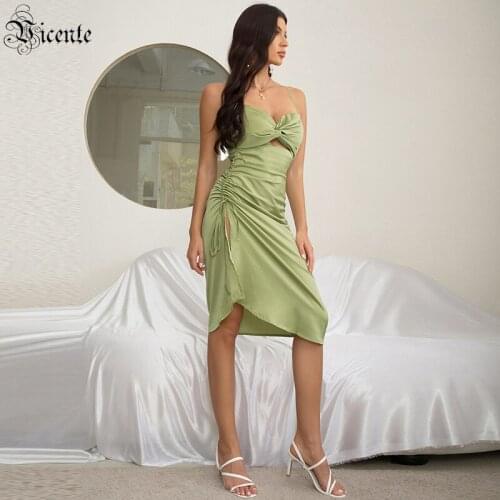 VC Ladies 2021 Casual Skirt Avocado Green Sleeveless Pleated Lace-up Hollow Knee-length Satin Dress For Women