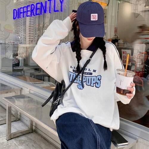 Vintage Polo Collar Oversized Hoodies Women 2021 Autumn Korean Letter Print Sweatshirt Harajuku Female White Long Sleeve Top