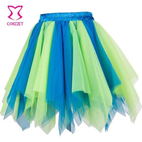 Green & Blue Mini Asymmetrical Burlesque Corset Skirt Gothic Tulle Skirts Women Club Sexy Petticoat Dancewear Fluffy Pettiskirt