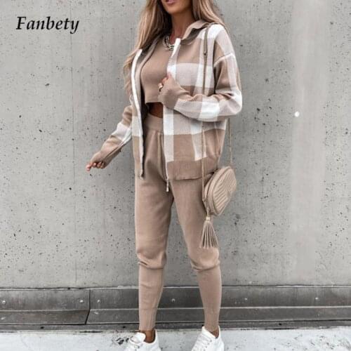Women Elegant Three Piece Suits Tank+Plaid Pattern Hooded Sweatshirt+Pencil Pants Sets Ladies Casual Long Sleeve Sports Outfit