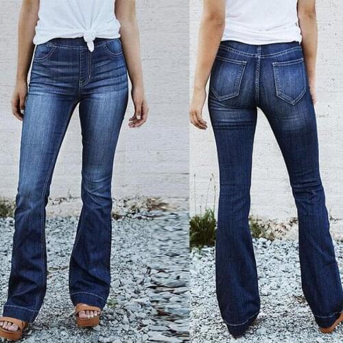 Womens Slim Fit Flare Jeans Mom Elastic High Waisted Denim Pants Femme Dark Blue Bell Bottom Trousers Pantalones Vaqueros Mujer