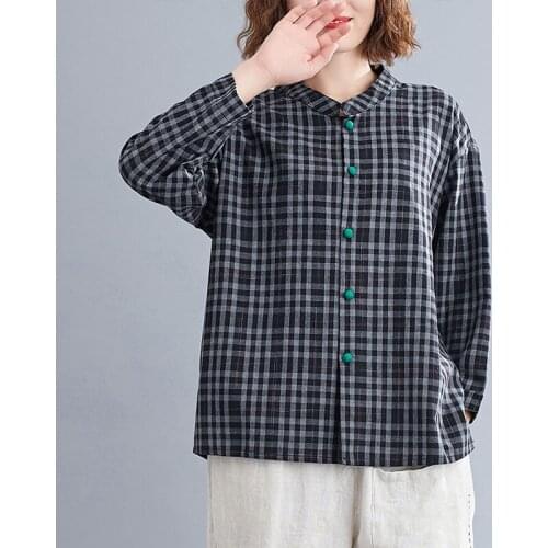 Oversized Women Cotton Linen Casual Shirts New 2020 Autumn Vintage Style Plaid Pattern Loose Female Long Sleeve Tops S2485