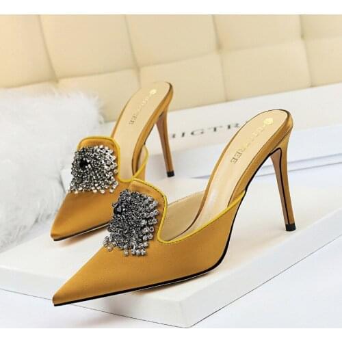 Bigtree 2021 New Shallow Solid Sexy High Heels Summer Women Mules Bling Crystal Decoration Elegant Slip On Slippers Pointed Toe